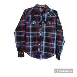 Cowboy Legend Window Black Red Plaid Pearl Snap Button Western Boys Shirt XL